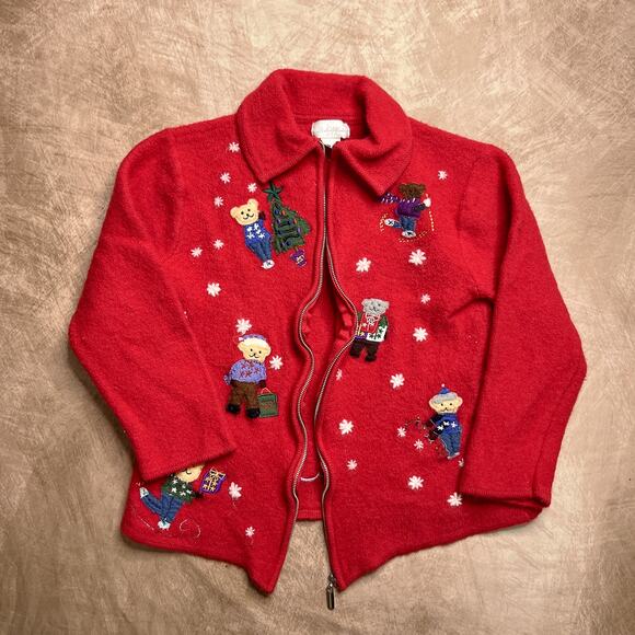 Vintage 90s Studio Works Holiday Teddy Bear Zip Up Wool Jacket Embroidered Xmas - Picture 7 of 7
